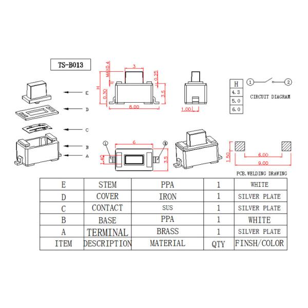 2 Pin White Button Surface Mount Push Switch , Micro Push Button Switch