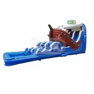Cheap Blue Color Giant Inflatable Slide Pirate Ship Boat Water Slide With Pool for sale