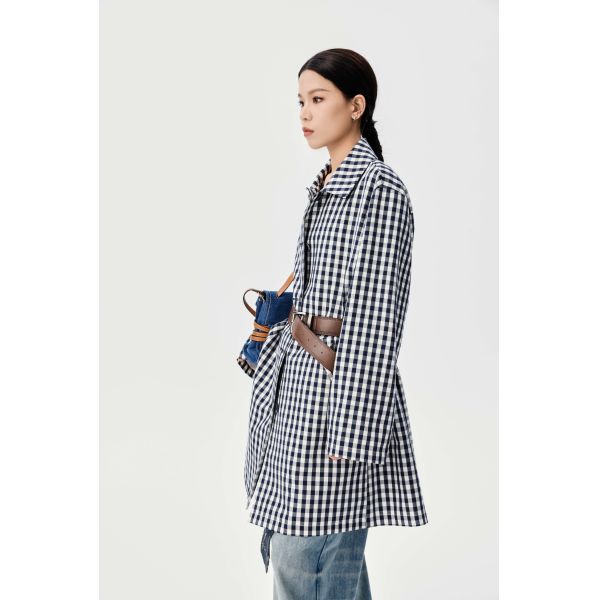 Retro Blue And White Checkered Waist Windbreaker With Niche Design Sense , Mid Length Silhouette , Shirt Style Jacket