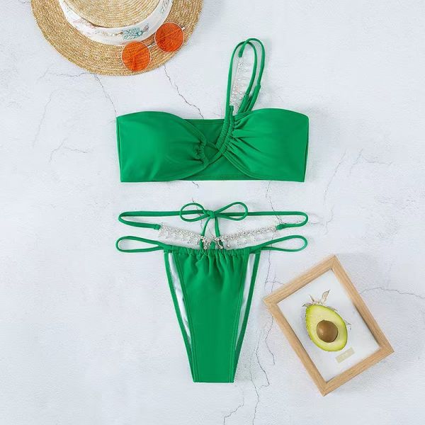 Diamond Chain Green Swim Suit Bikini Sexy One Shoulder Two Piece Swimsuit High Waist