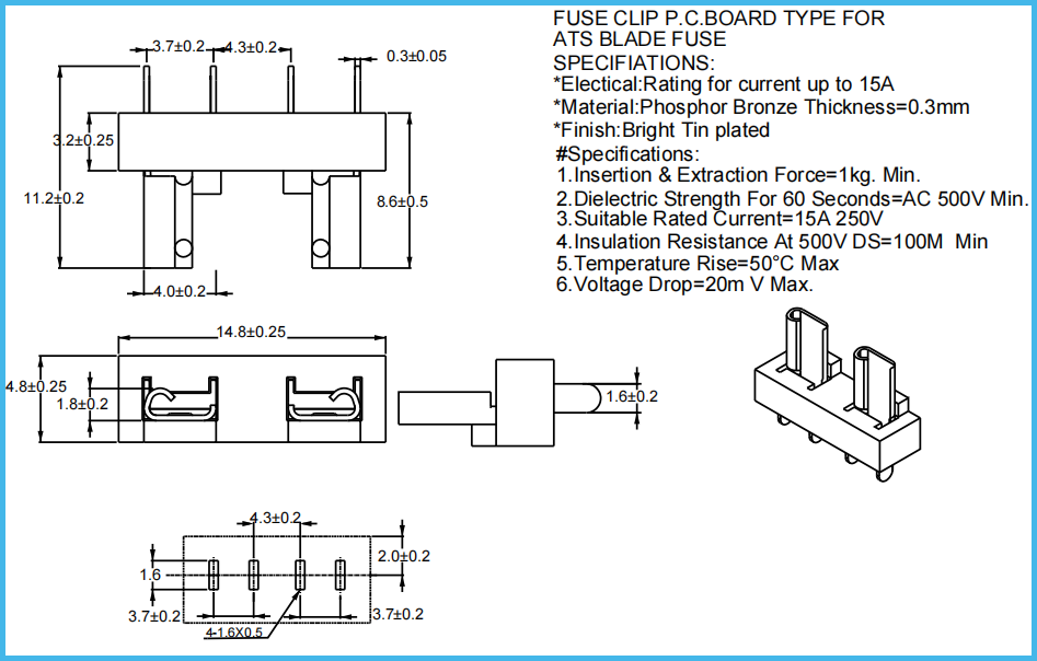 ATS ATU 30A Brass Automotive Fuse Box Clips Nylon 0.3MM Car Fuse Clip