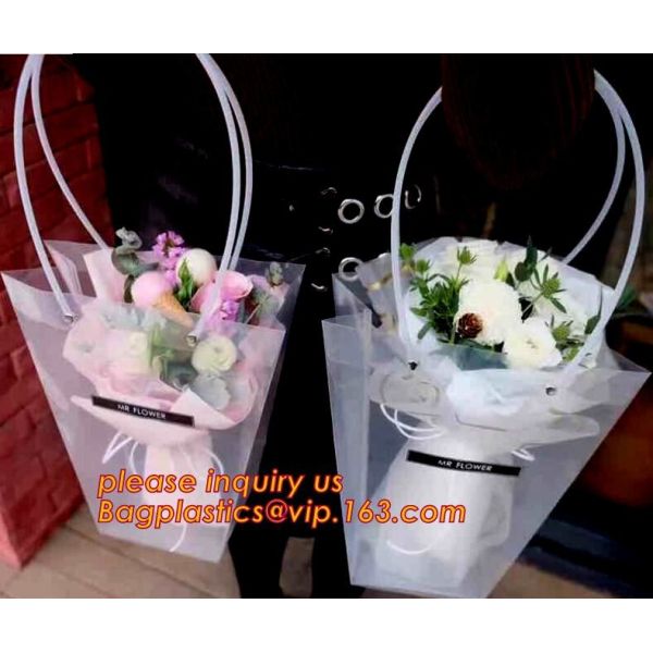 Customized square shape flower pattern long handle PP gift bag,flower vase, disposable flower plastic bag, plastic folda