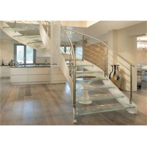 Cheap Interior Wrought Iron Curved Wooden Staircase , Floating Wood Stairs Customize Size for sale