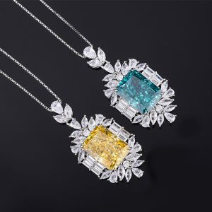925 Sterling Silver CZ Jewelry Radiant Cut Created Yellow Diamond Blue Topaz Pendant