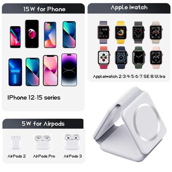 Magnetic 3 In 1 Foldable Wireless Charger iPhone 12-15 15w Fast Wireless Charging Stand Station Portable Wireless Chargers
