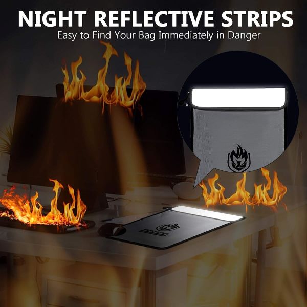 Upgraded Two Pockets Fireproof Document Bag (2000℉), 15”x 11”Waterproof Fireproof Money Bag with Zipper, Waterpro