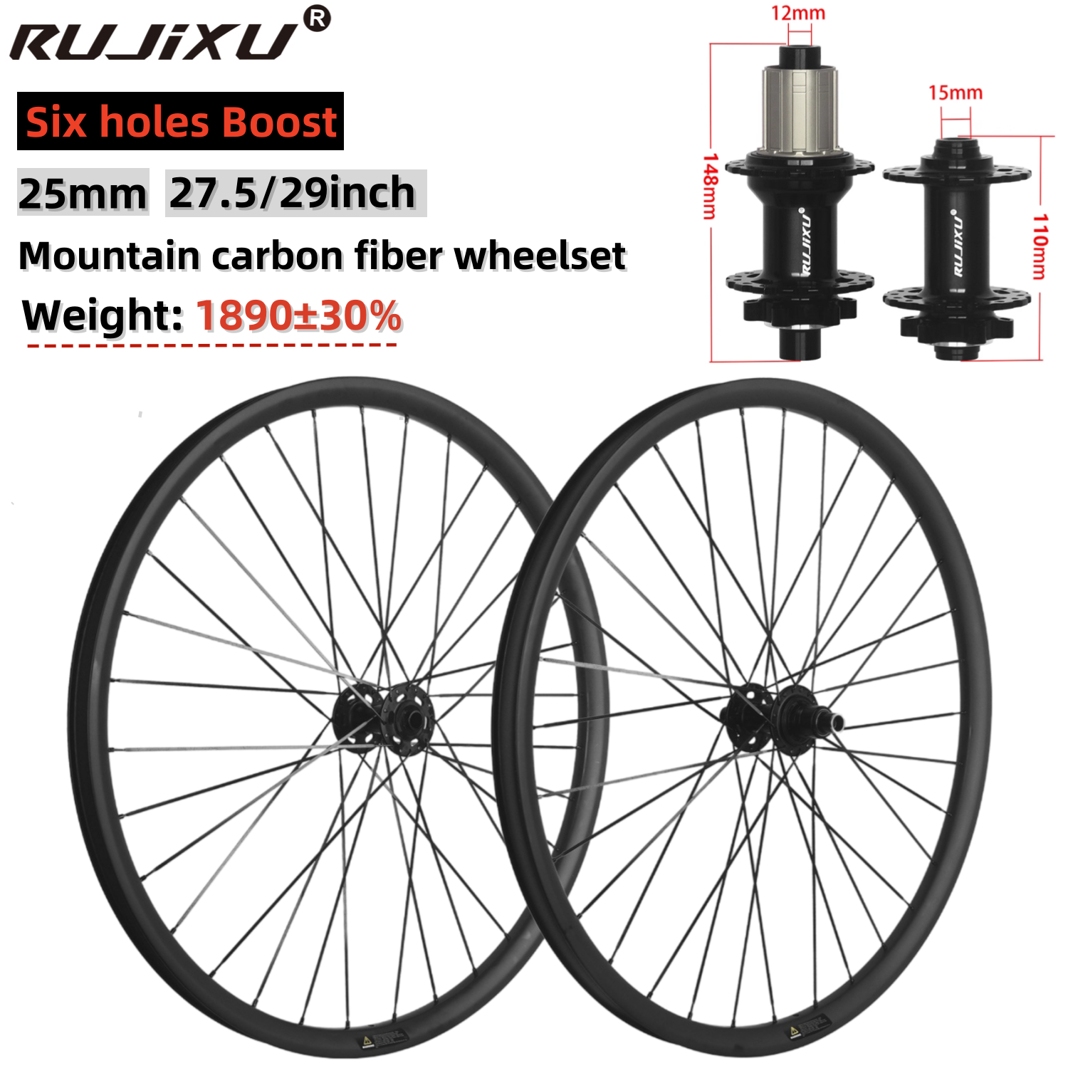 RUJIXU 27.5/29 Inch 32H Carbon Fiber Wheelset - Carbon Six-hole / Center Lock Disc Brake Bicycle Wheelset