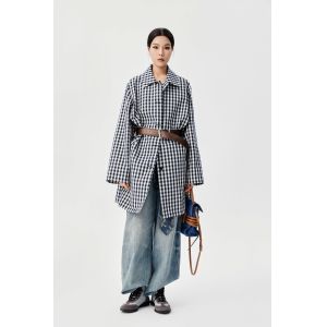 Cheap Retro Blue And White Checkered Waist Windbreaker With Niche Design Sense , Mid Length Silhouette , Shirt Style Jacket for sale