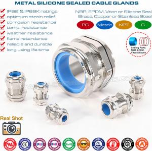 Cheap Copper Brass Metallic PG Cable Glands (Cord Grips) IP68 with Heat Resistant Blue Silicone Seals & O-rings for sale